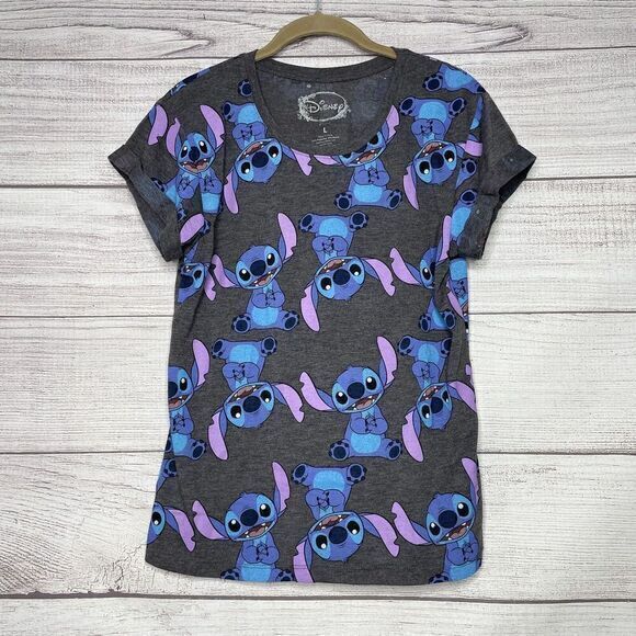 Disney Sitting Down Smiling Blue Stitch Short Sleeve t-shirt Juniors size L - Picture 1 of 4